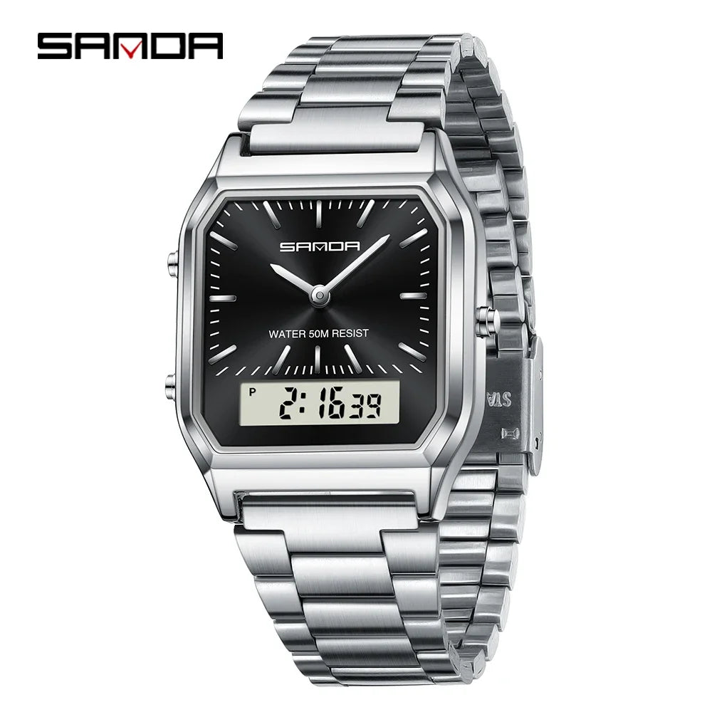 SANDA 747 Men's Quartz Digital Watch Waterproof Casual Fashion Watch Wear-resistant Stainless Steel Couple Strap Square Watch