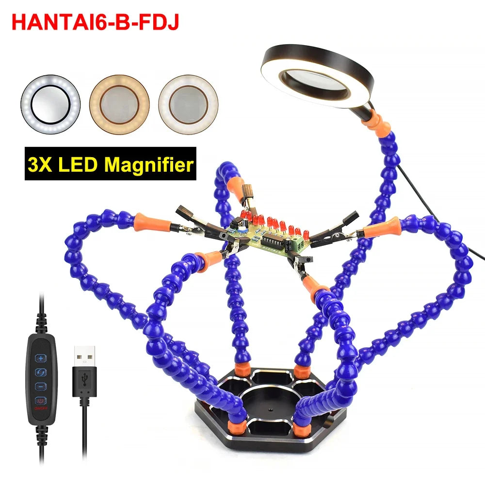 NEWACALOX Soldering Third Hand PCB Helping Hands Welding Rework Station 3X USB LED Magnifier Table Lamp Soldering Iron Stand