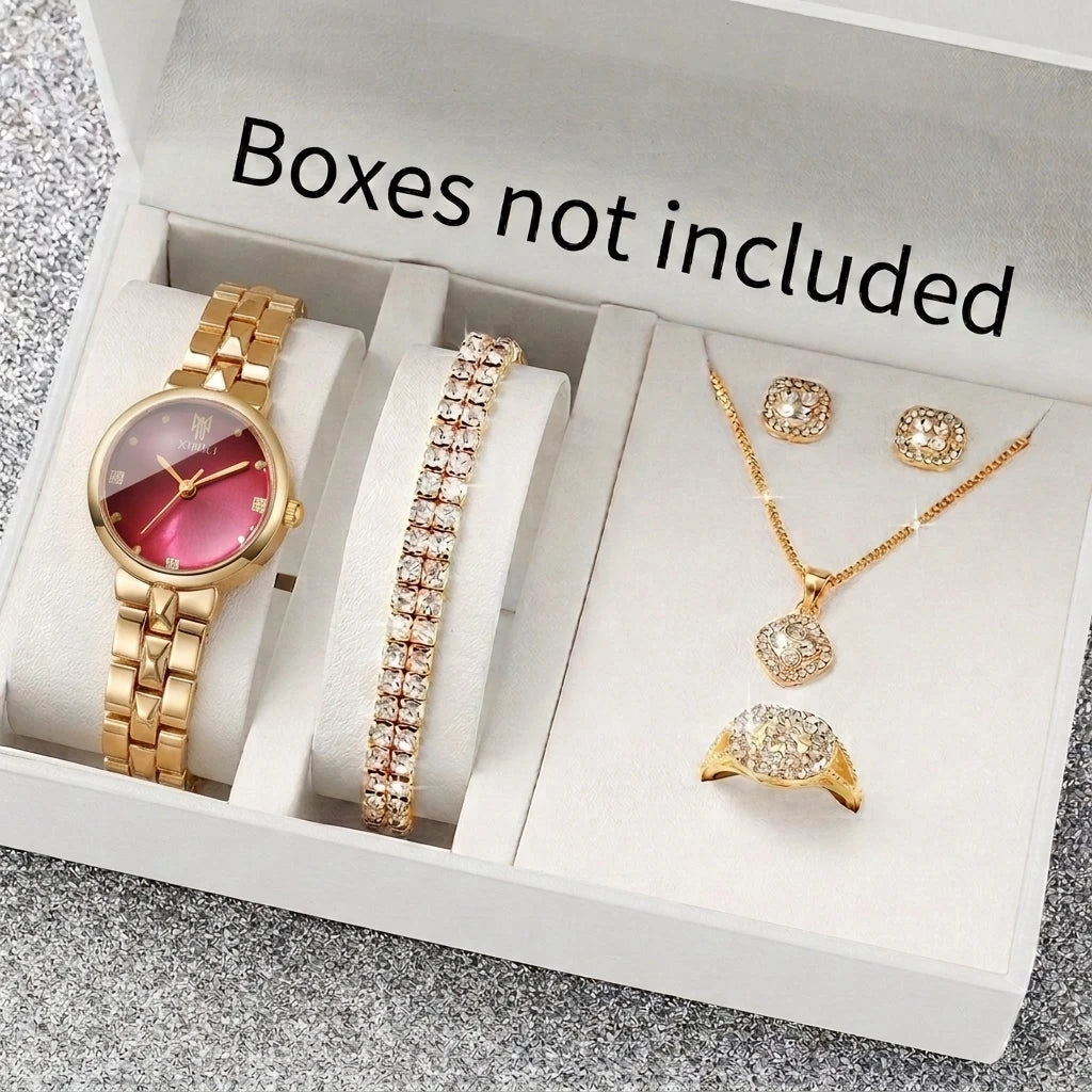 6PCS Elegant Rhinestone Women Quartz Watch Jewelry Set Ladies Bracelet Strap Wristwatches Relogio Feminino Clock（Without Box）