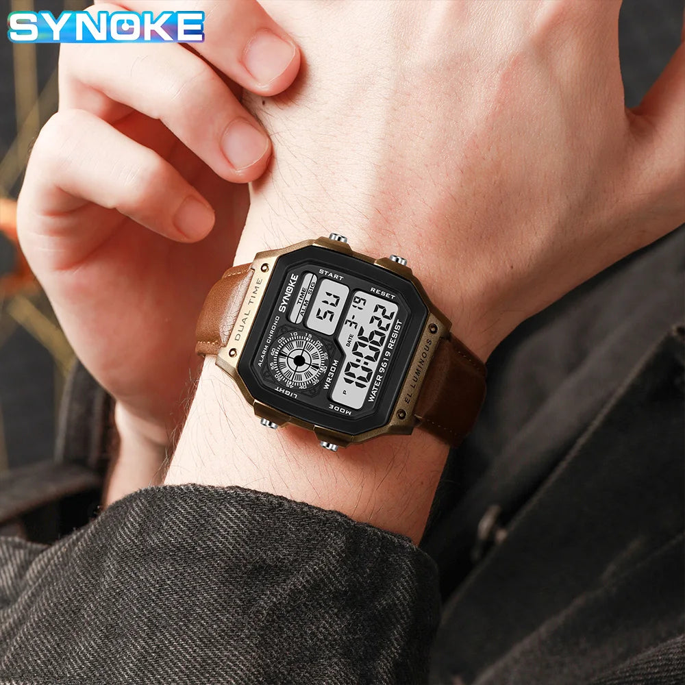 SYNOKE Belt Watch Men Outdoor Sports Multifunctional Waterproof  Luminous LED Digital Watch PU Leather For Men Retro Fashion