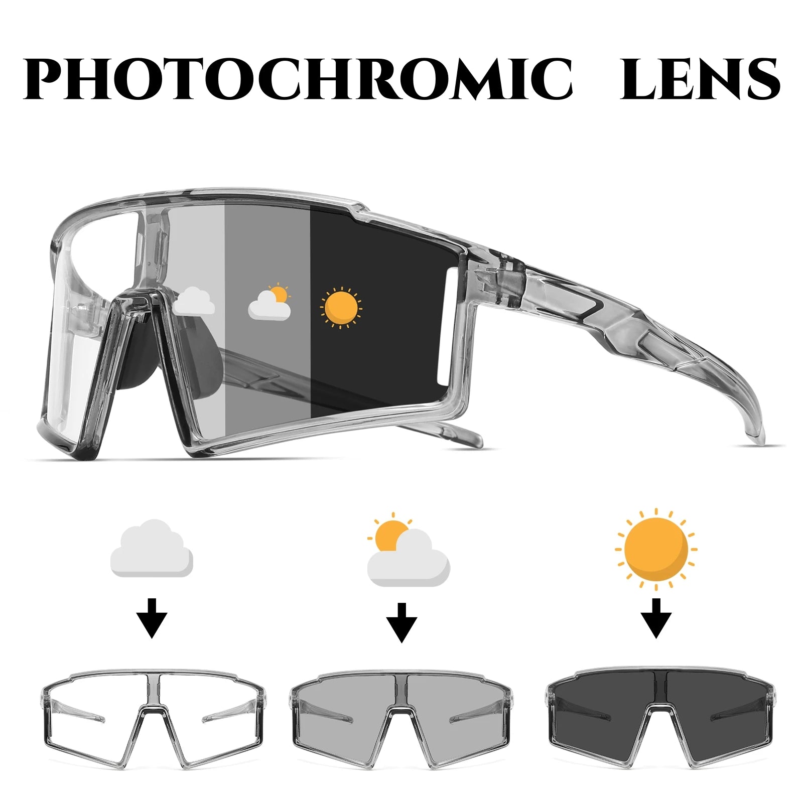 Photochromic One-Piece Sports Sunglasses - Oversized Wraparound Frame, UV400 Comfort Fit for Cycling, Fishing & Travel
