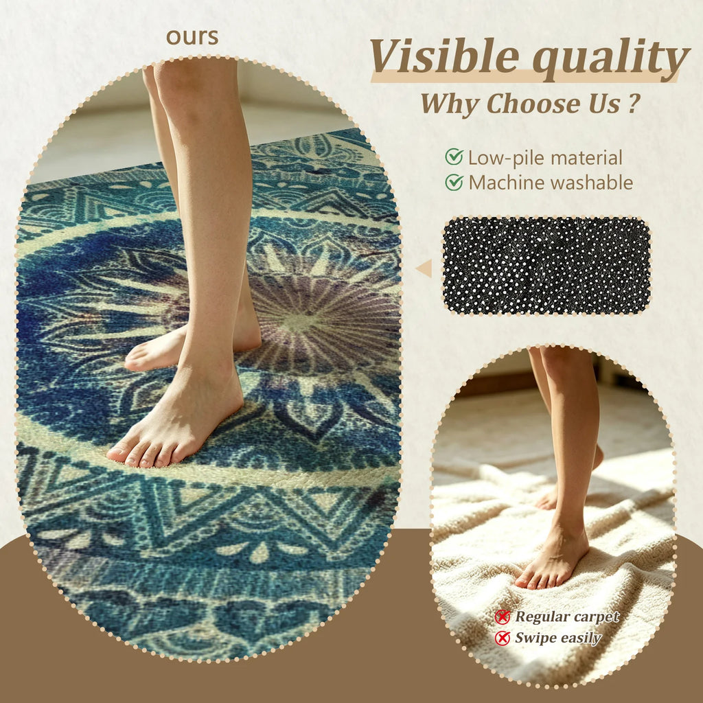 Large Indoor Area Rug, Soft Velvet Low Pile with Non-Slip Dotted Backing, Machine Washable, Blue Boho Mandala Pattern, Great for Living Room, Bedroom, Entryway Home Decor