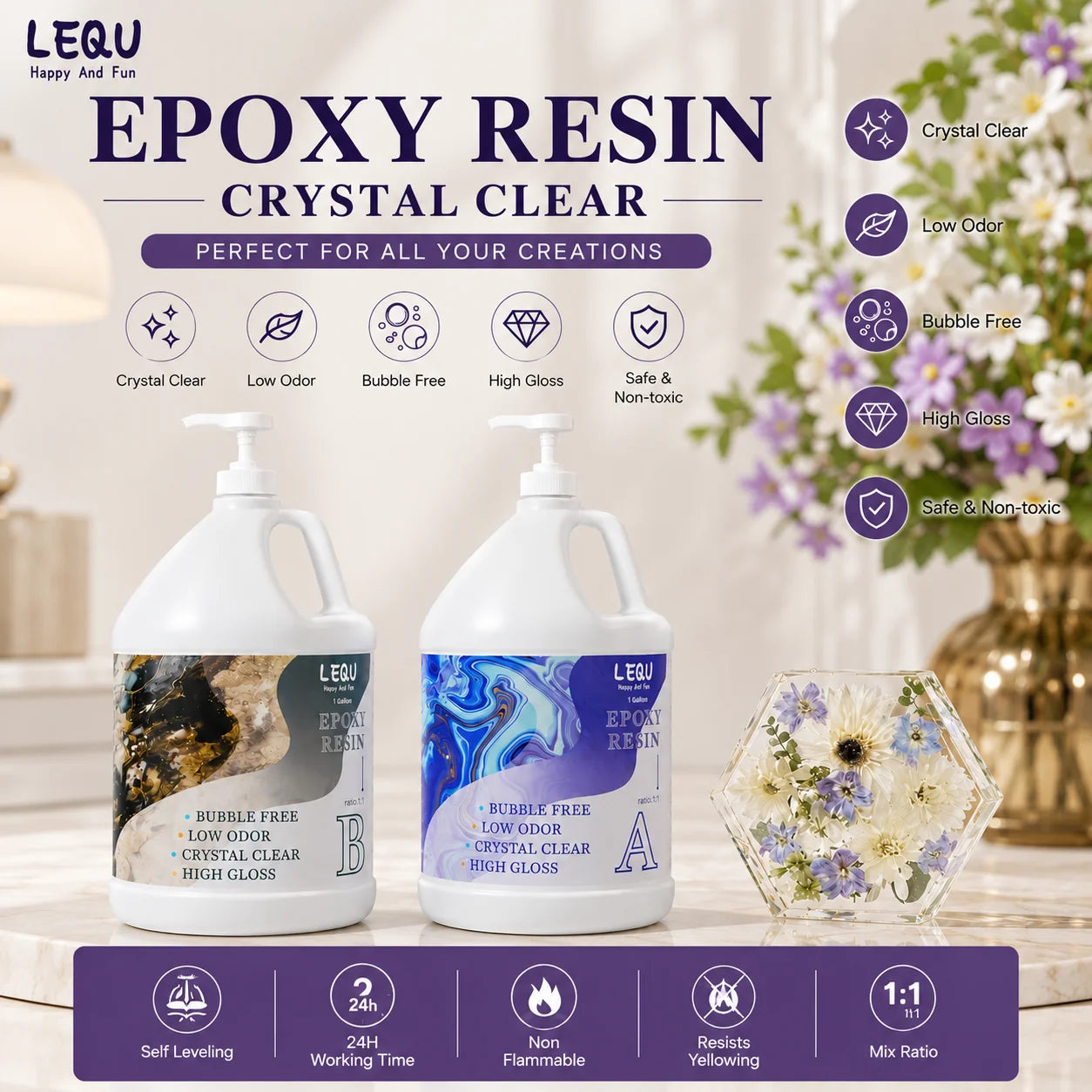 LEQU 2 Gallon Crystal Clear Epoxy Resin Kit, Bubble-Free & Non-Yellowing, Fast-Curing for Coating, Casting, Jewelry, Table Tops, Bar Tops, Solid Wood Side Tables, Handicrafts