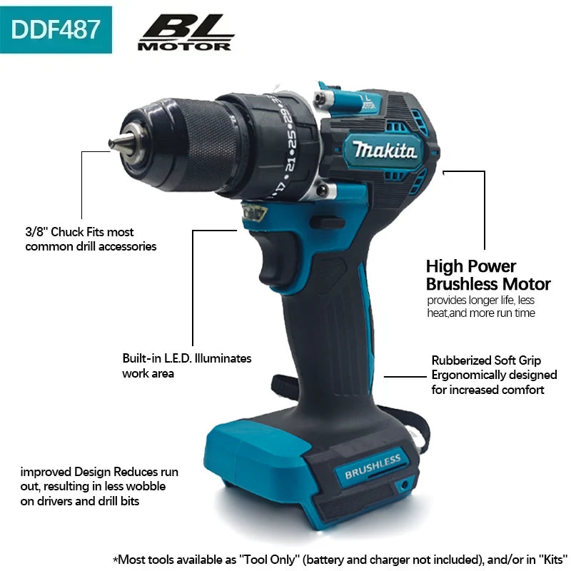 Genuine Makita DDF487 18V Brushless Li-ion Cordless Drill, Rechargeable Power Tool Kit for Household, Farm & Auto Repair