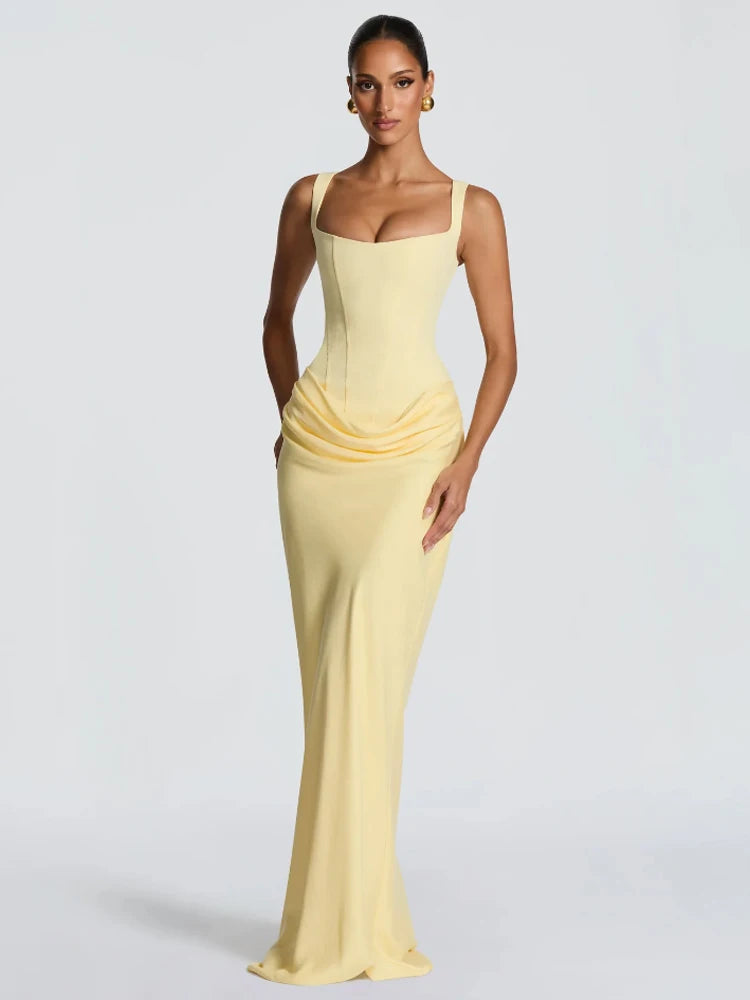 Elegant Yellow Strapless Pleated Long Dress Women Chic Solid Sleeveless Waist Cinching Split Gown 2026 Lady Evening Party Robes