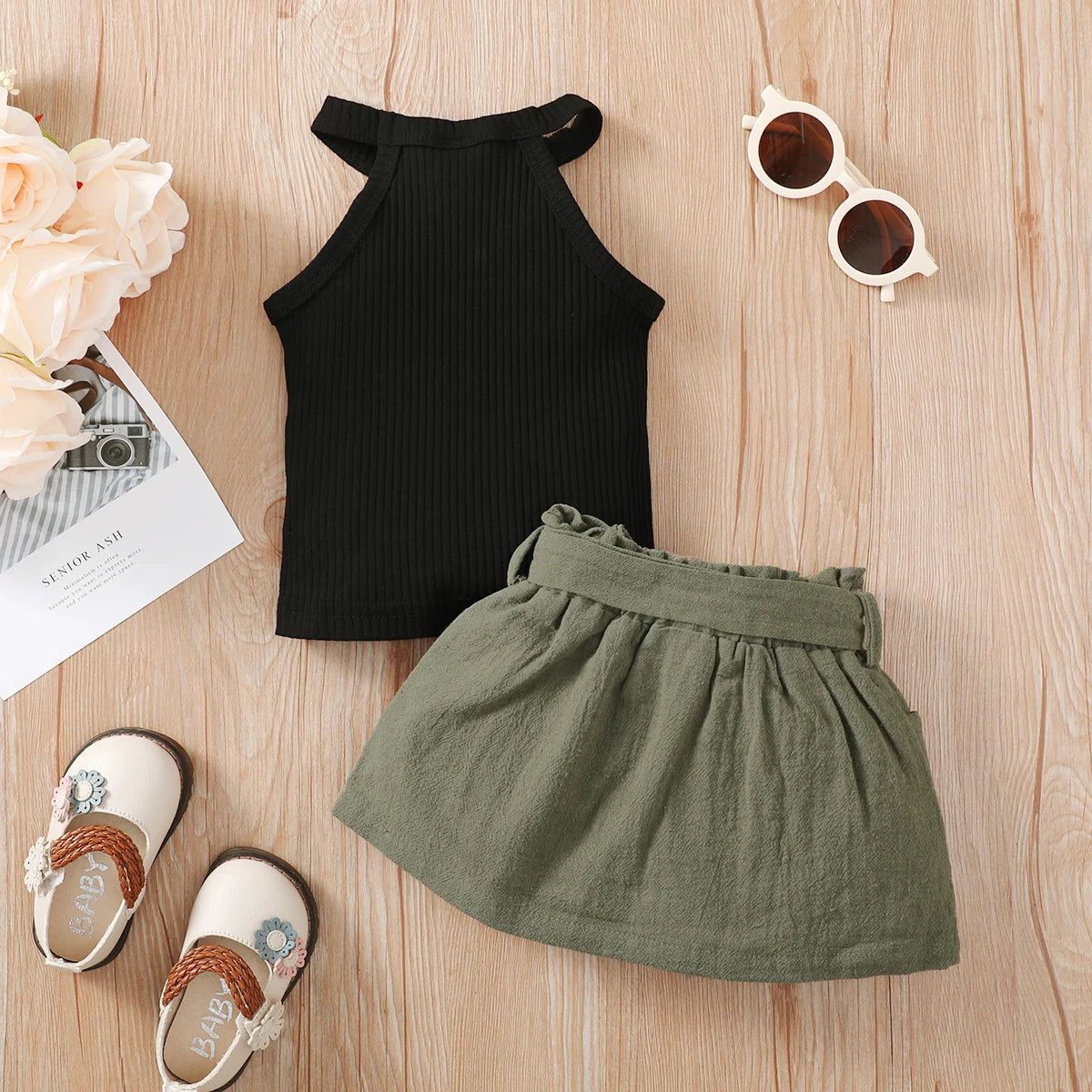 2Pcs Baby Girl Sleeveless Black Top Lace Up Bow ButtoShort Skirt Summer Party Fashion Set Suitable for Baby Girl 0-24 Months