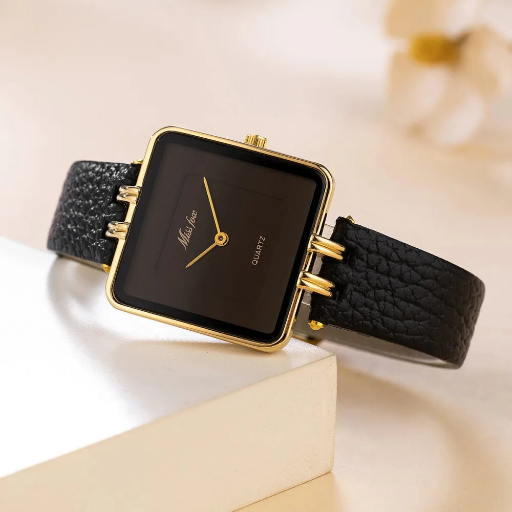 Square Quartz Watch with Leather Strap – Three Colors