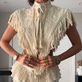 Chic Embroidery Tassel Shawl Women Stand Neck Sleeveless Lace Up Irregular Shawls Tops 2026 Summer Fashion Lady Accessories