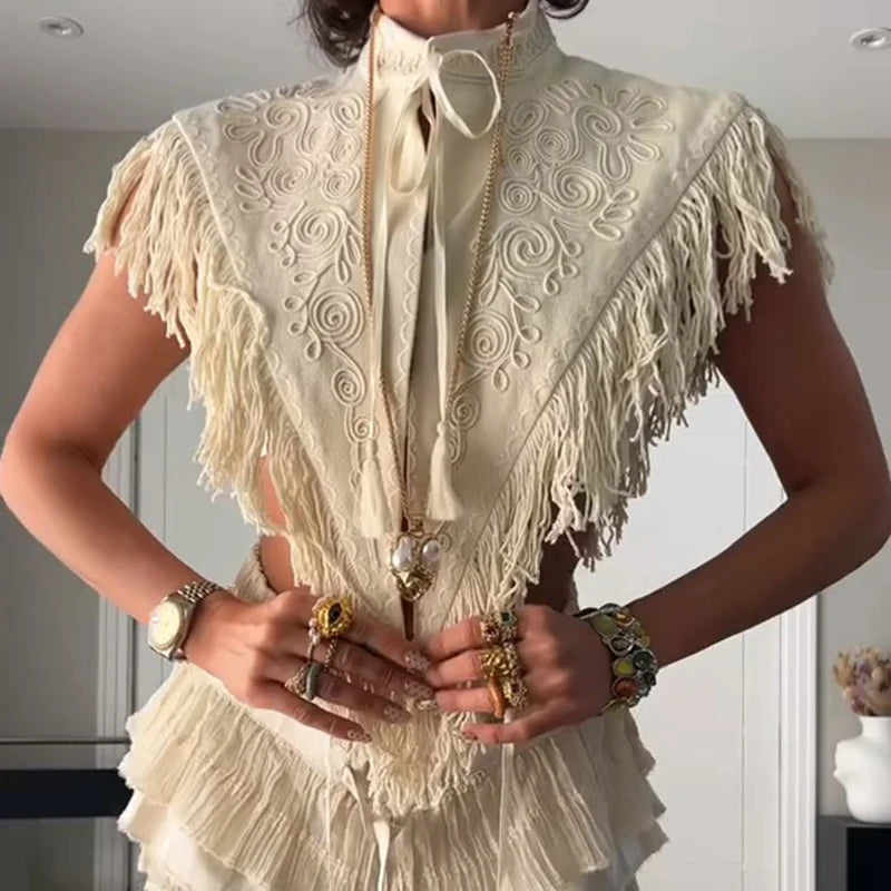 Chic Embroidery Tassel Shawl Women Stand Neck Sleeveless Lace Up Irregular Shawls Tops 2026 Summer Fashion Lady Accessories