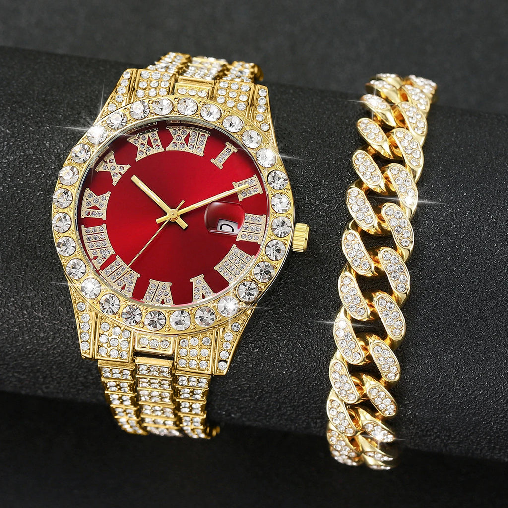 2PCS Luxury Rhinestone Men Watches Fashion Stainless Steel Band Male's Analog Quartz Watch Bracelet Set Relogios Masculino