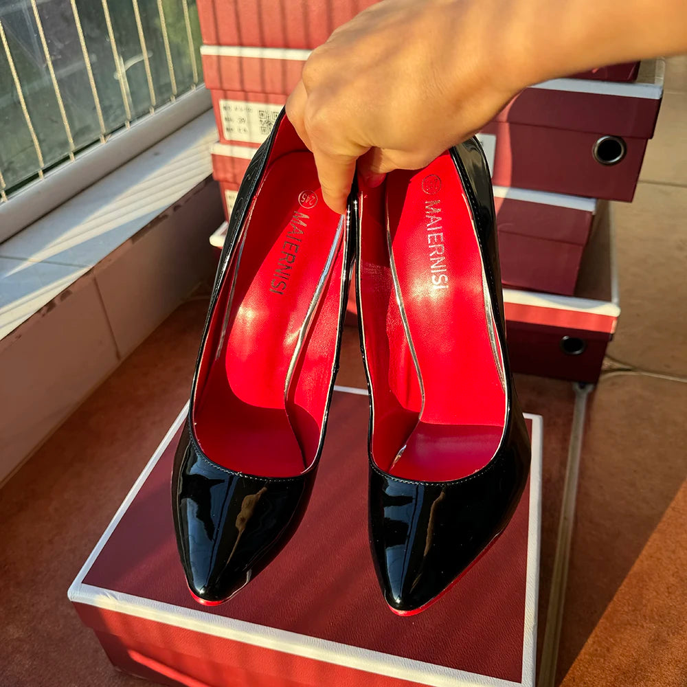 Tikicup 16cm Extreme Metal High Heels Women Black Sexy Red inside Pointy Toe Stilettos Fetish Model Party Unisex Shoes Size 46