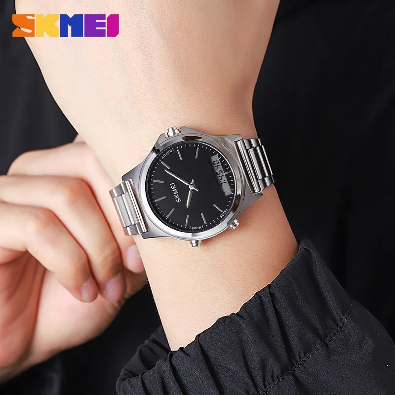 SKMEI 2120 Digital Quartz Watch for Men Waterproof Sport Dual Display Stainless Steel Mens Wristwatches Alarm Clock Reloj Hombre