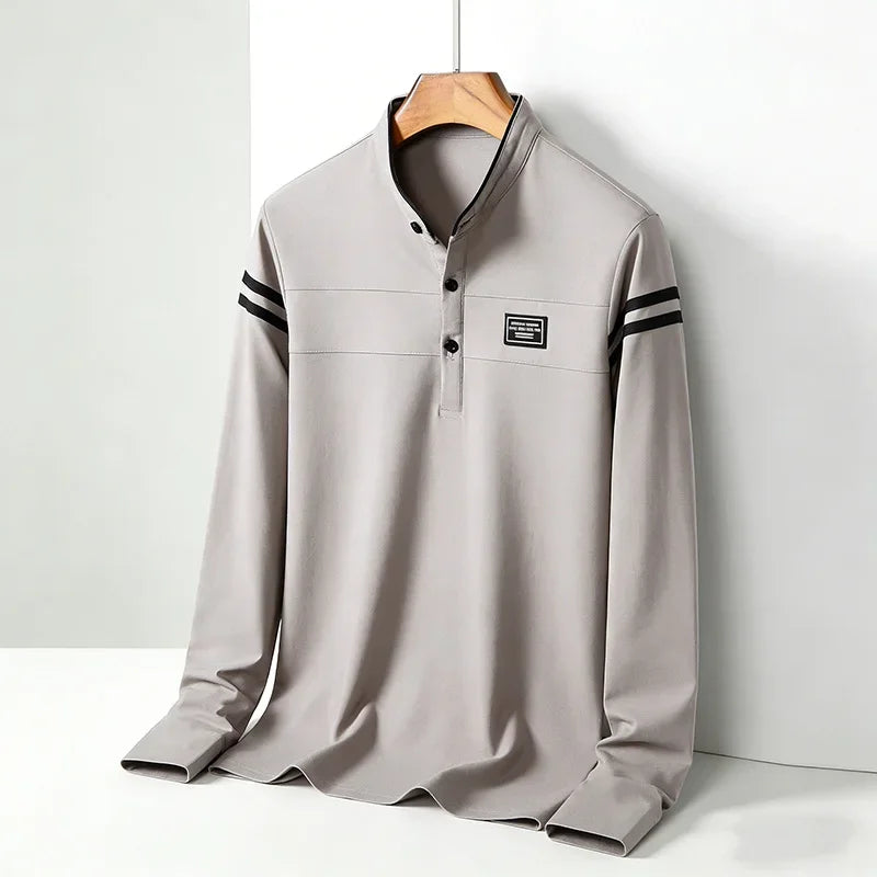 Men's Casual Slim Fit Polo Shirt Long Sleeve Stand Collar Contrast Striped Cotton Blend Tops for Daily & Business Wear
