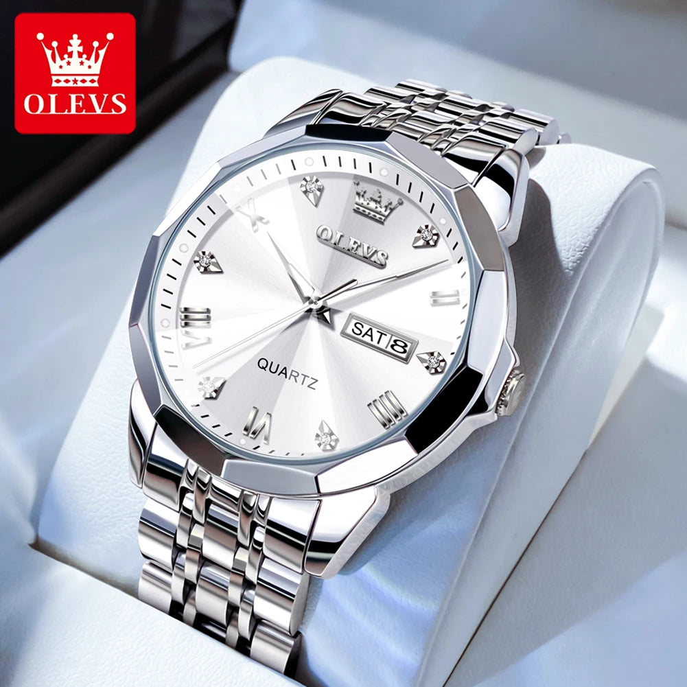 OLEVS Men's Watches Rhombus Mirror Original Quartz Watch for Man Waterproof Luminous Stainless Steel Wristwatch Male Date Week