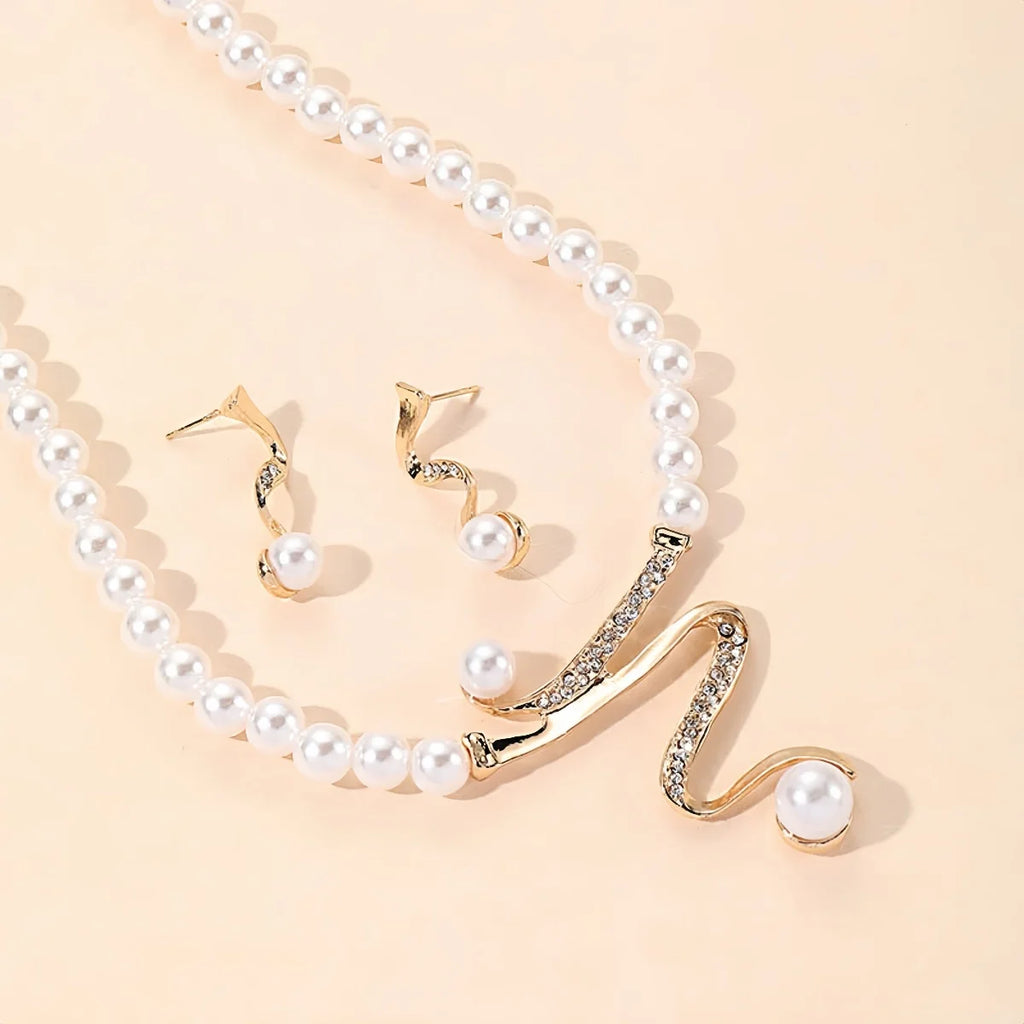 1Set New Women Bridal Wedding Party imitation Pearl Rhinestone Necklace Earrings Jewelry Set