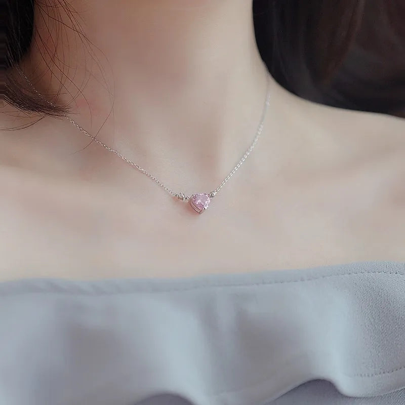 ANENJERY Pink Zircon Love Heart Necklace for Women New Fashion Sweet Design Clavicle Chain collares para mujer