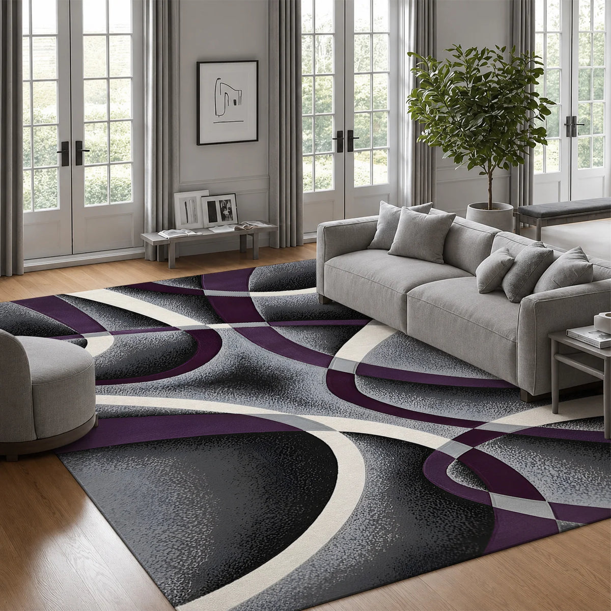 Large Indoor Area Rug, Soft Velvet Low Pile Non-Slip Dotted Backing Machine Washable, Modern Abstract Purple Gray White Swirl Design for Living Room Bedroom