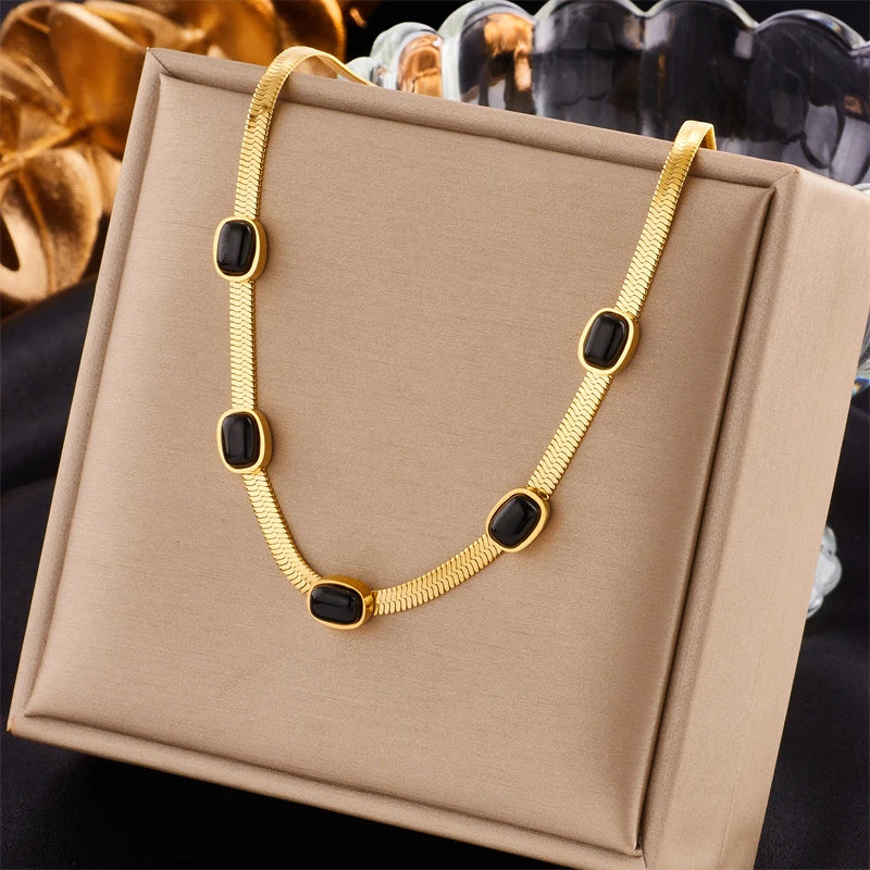 DIEYURO 316L Stainless Steel Oval Black Stone Necklace For Women New Trend Snake Chain Girls Chokers Jewelry Party Wedding Gifts