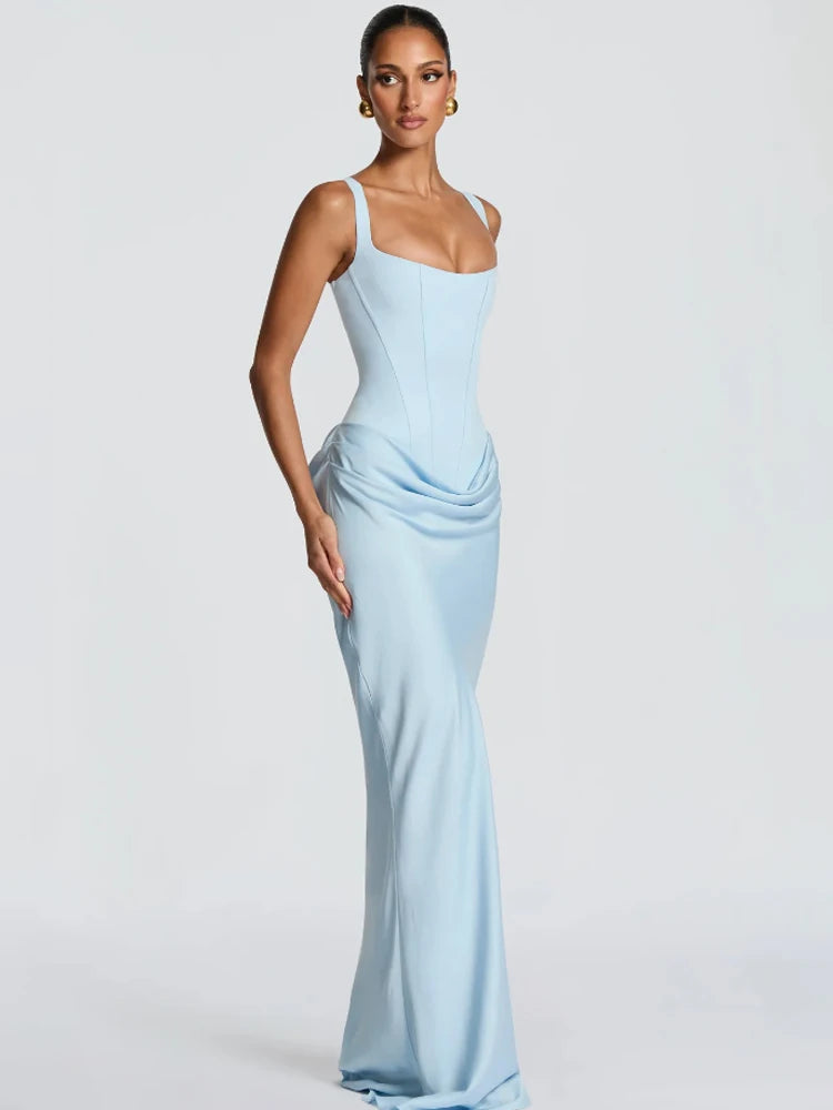 Solid Pleated Sling Dress Women Square Neck Sleeveless Backless Waist Cinching Bodycon Dresses Lady Summer Evening Party Gowns