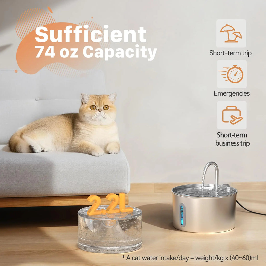 2.2L Cat Drinking Fountain Automatic Stainless Steel Pet Dogs Water Dispenser Ultra-quiet Pump Water Foutain For Multiple Pets