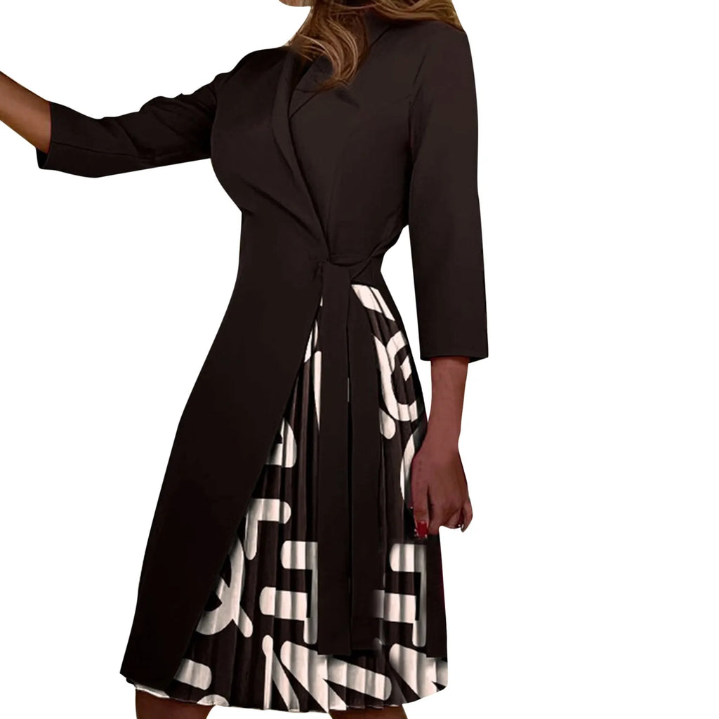 Autumn Fashion Women Patchwork Pleated Blazer Dress Elegant 3/4 Sleeve Lapel Lace-Up Dress Elegant Office Lady Slim Party Dress