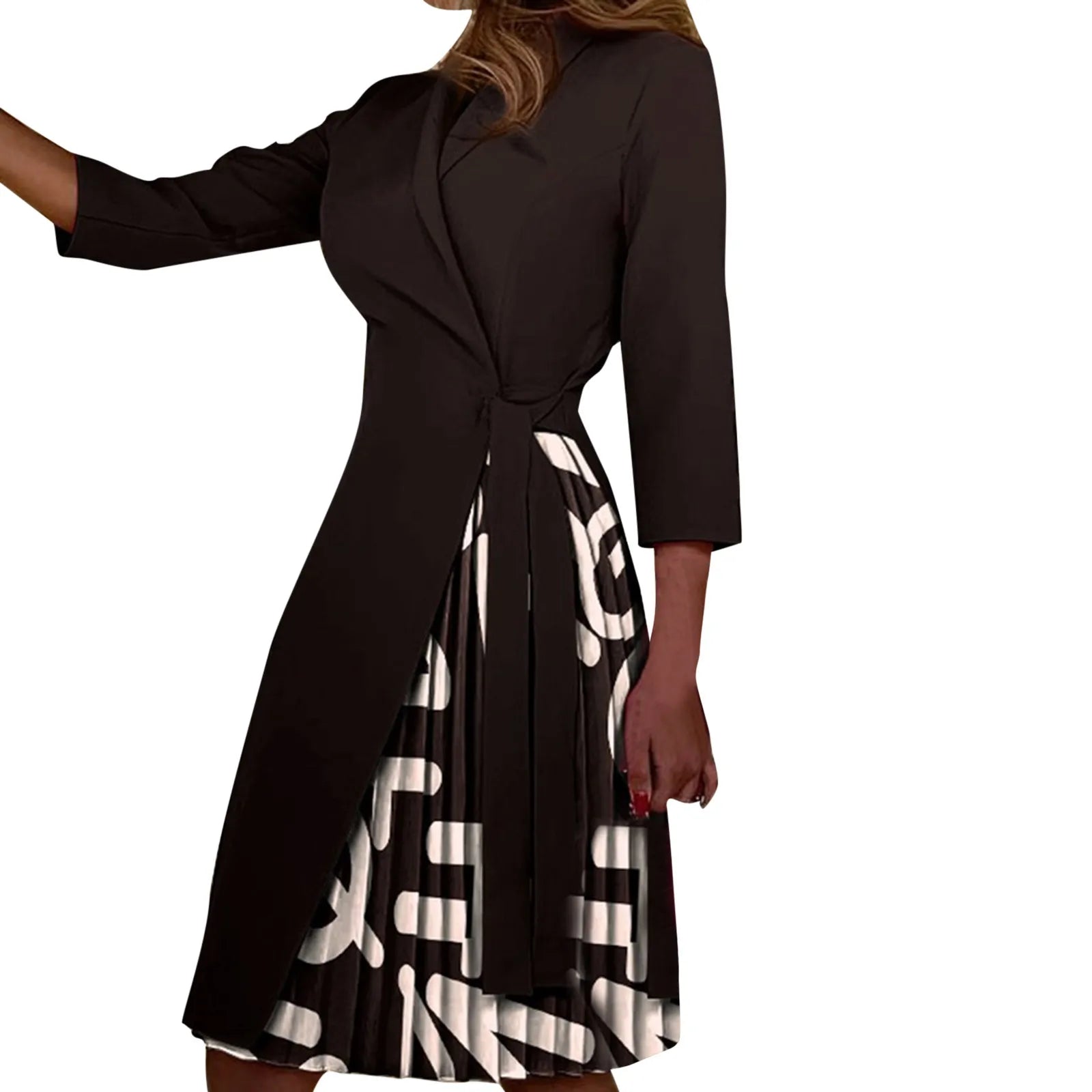 Autumn Fashion Women Patchwork Pleated Blazer Dress Elegant 3/4 Sleeve Lapel Lace-Up Dress Elegant Office Lady Slim Party Dress