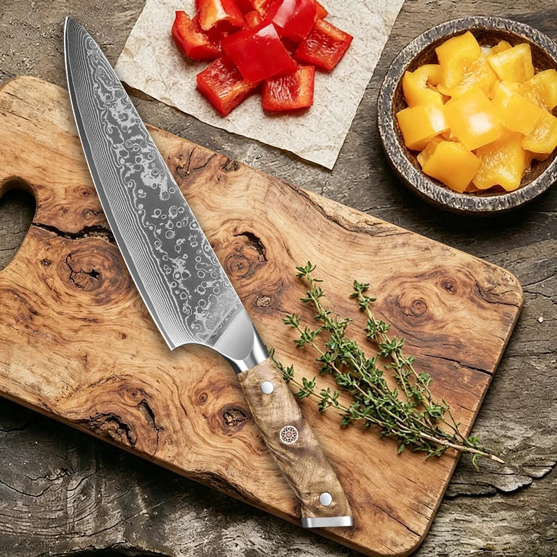 1-2PCS Set Kitchen Chef Knife Damascus Steel 67 Layers Utility Knife Chef Knife Figured Sycamore Wood Handle Delicate Gift Box