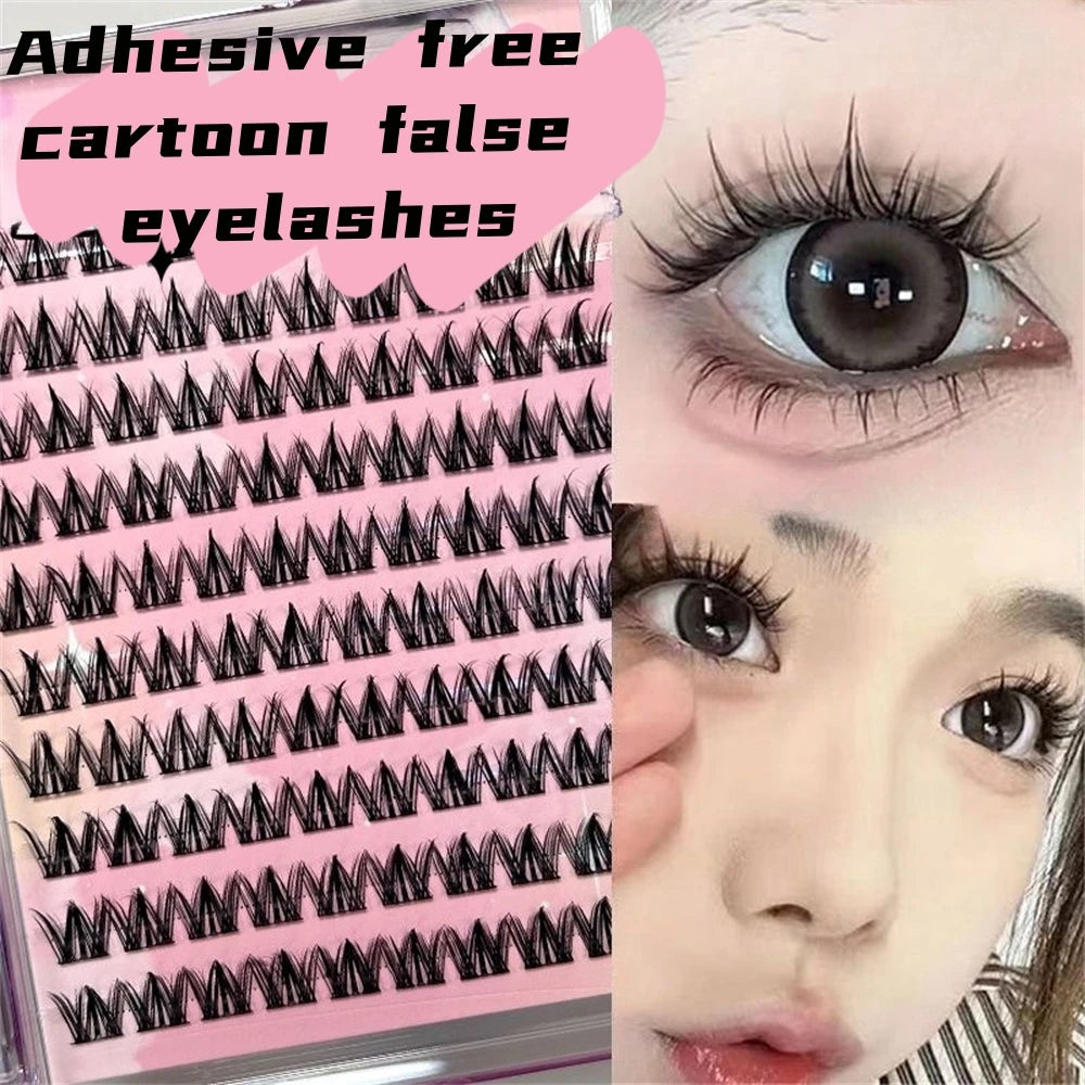 100 Clusters of Self-adhesive Eyelashes, Curled and Slender Dog Style, 12mm Naturally Thickened Thin Strip Eyelashes, Self-Exten