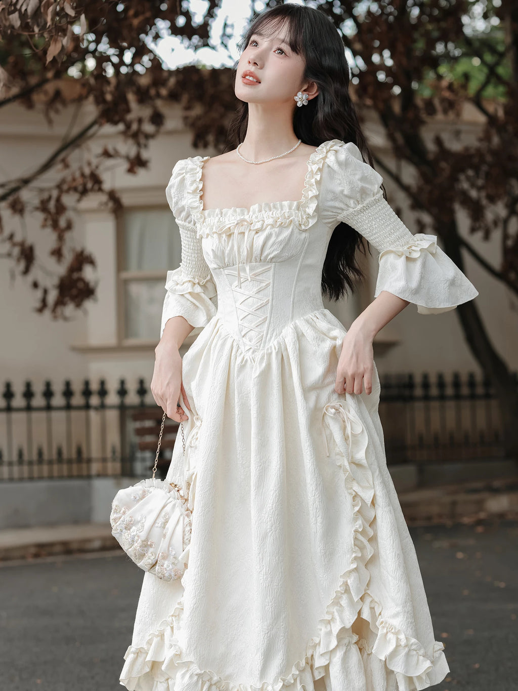 Fairycore Women Princess Party Midi Dress Square Collar Bow Fairy Ruffles Classical Dress Half Sleeve Gorgeous Feminine Dresses