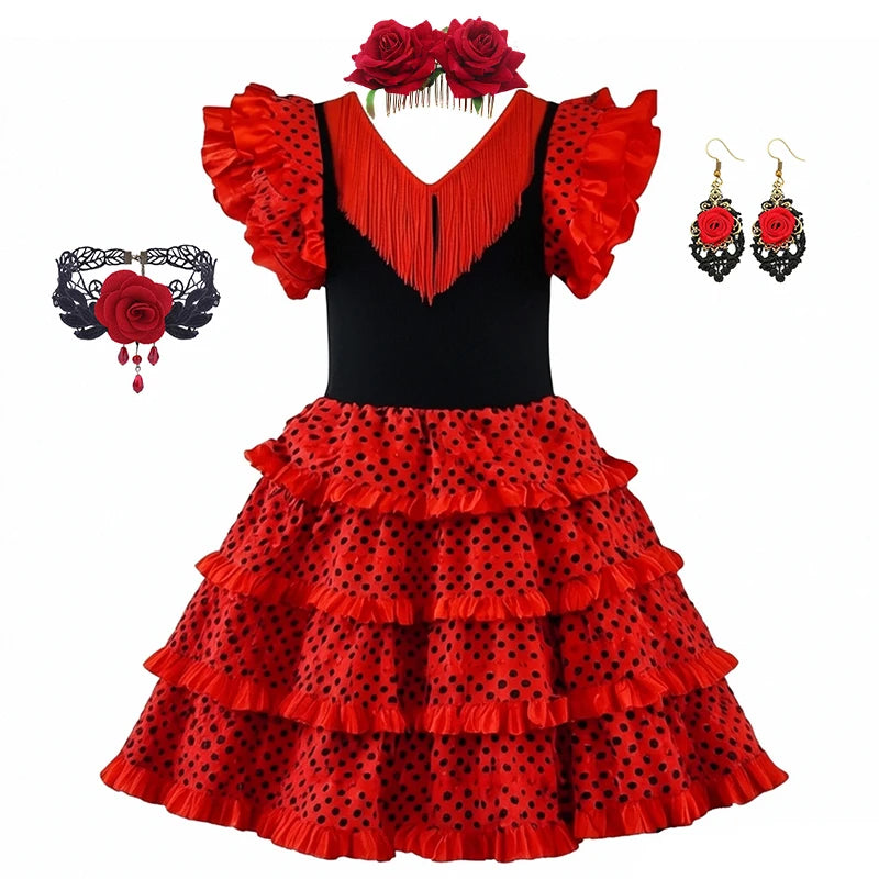Girls Spanish Flamenco Dress Red Polka Dot Cake Puff Kids Carnival Halloween Party Stage Show Cosplay Festival Dance Costume