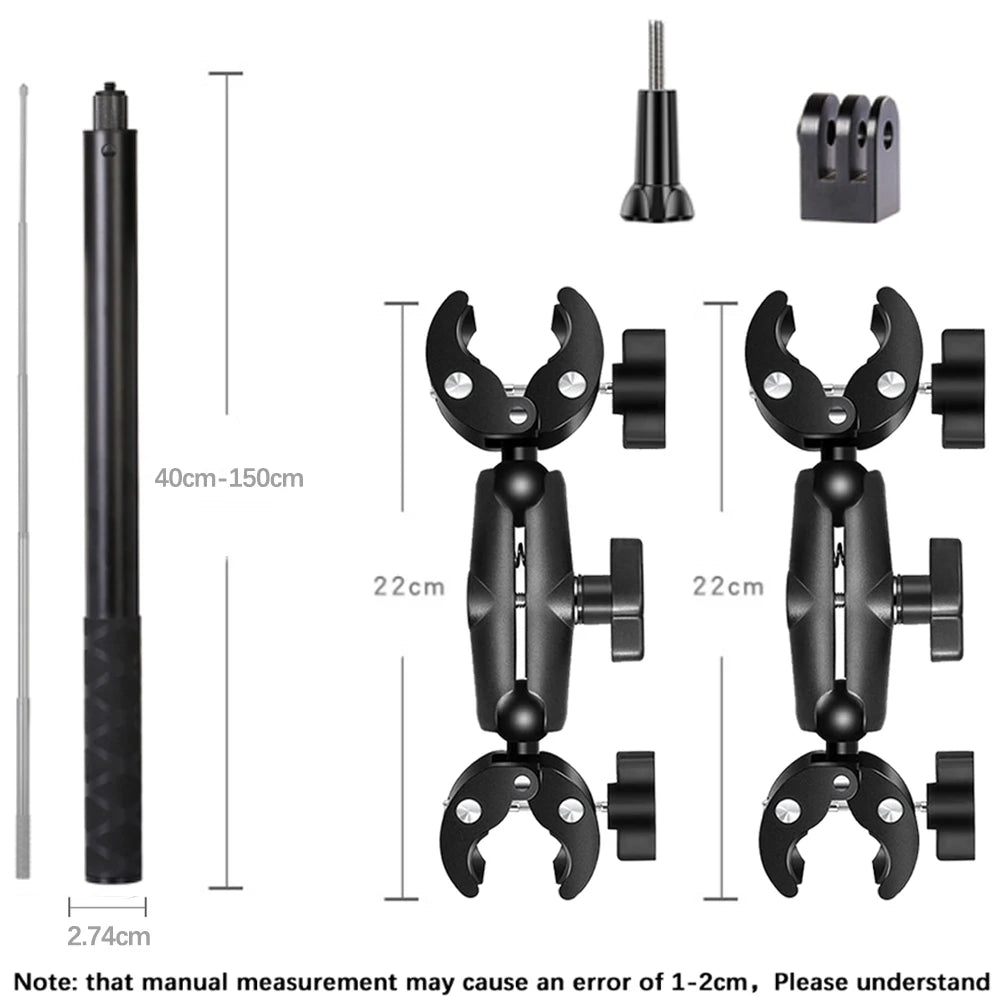 HONGDAK for Insta360 One X2 X3 Motorcycle Bicycle Double Clip Bracket for GoPro 11 10 9 Bike Selfie Stick Camera Accessory
