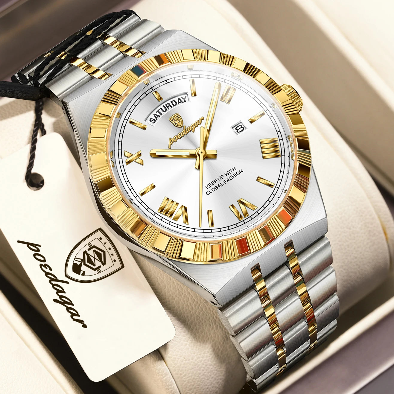 POEDAGAR Fashion Business Men's Watch Luminous Waterproof Week Date Luxury Man Wristwatch Stainless Steel Quartz Watches For Men