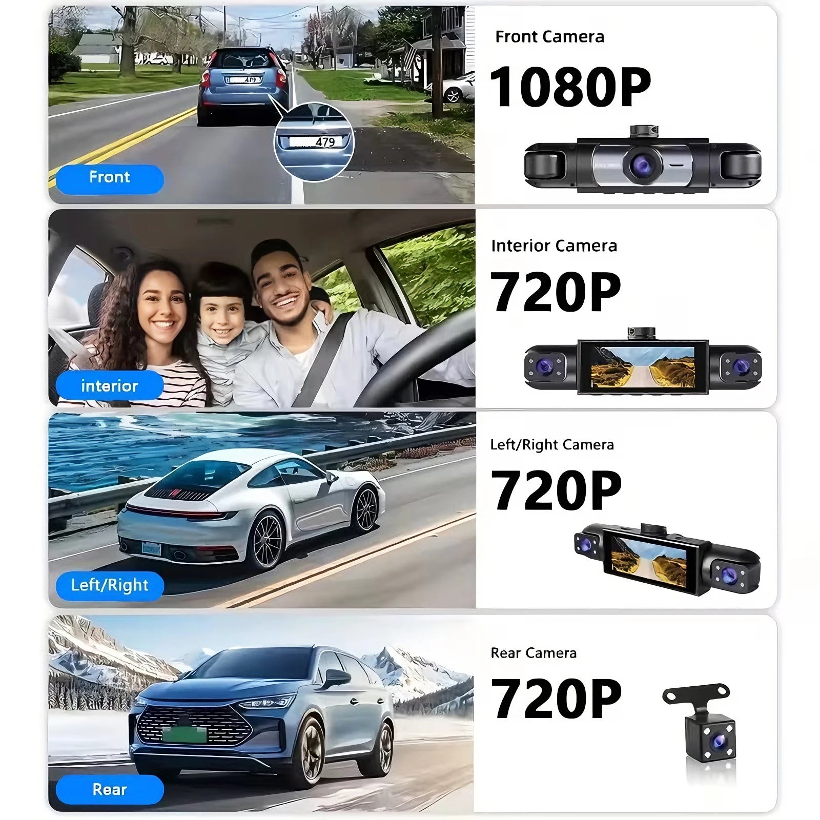 3/4Lens 1080P 360° Recording Front Left right Rear Car Camera Black Box Dash Cam Video Recorder DVR Night Vision 24H Parking