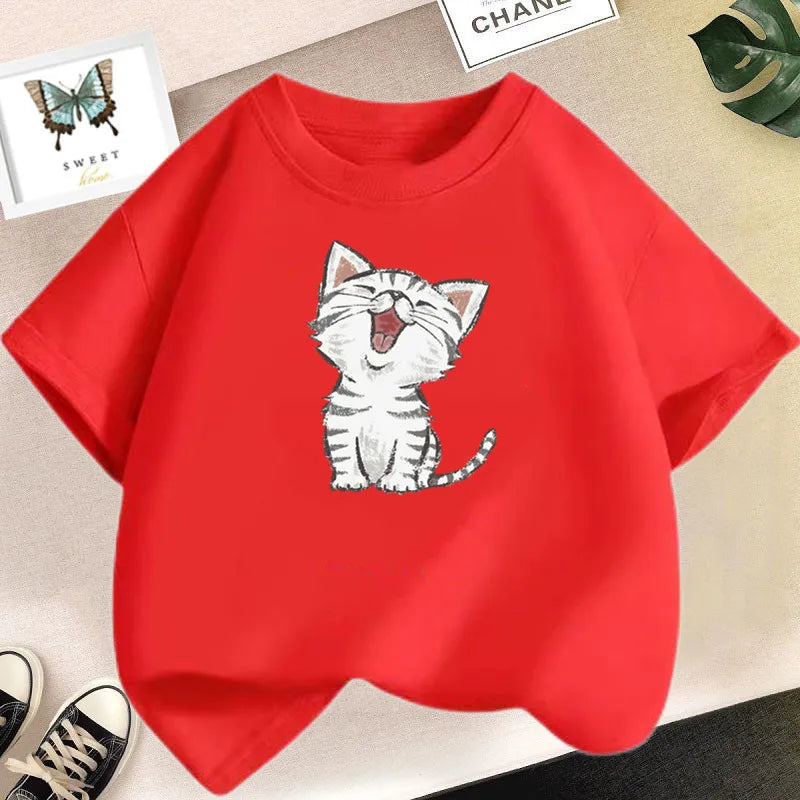 Girls Clothes 2024 Summer Fashion T-Shirt Fun And Cute Cat Kitten Print Short-Sleeved Tops Children Summer Clothes