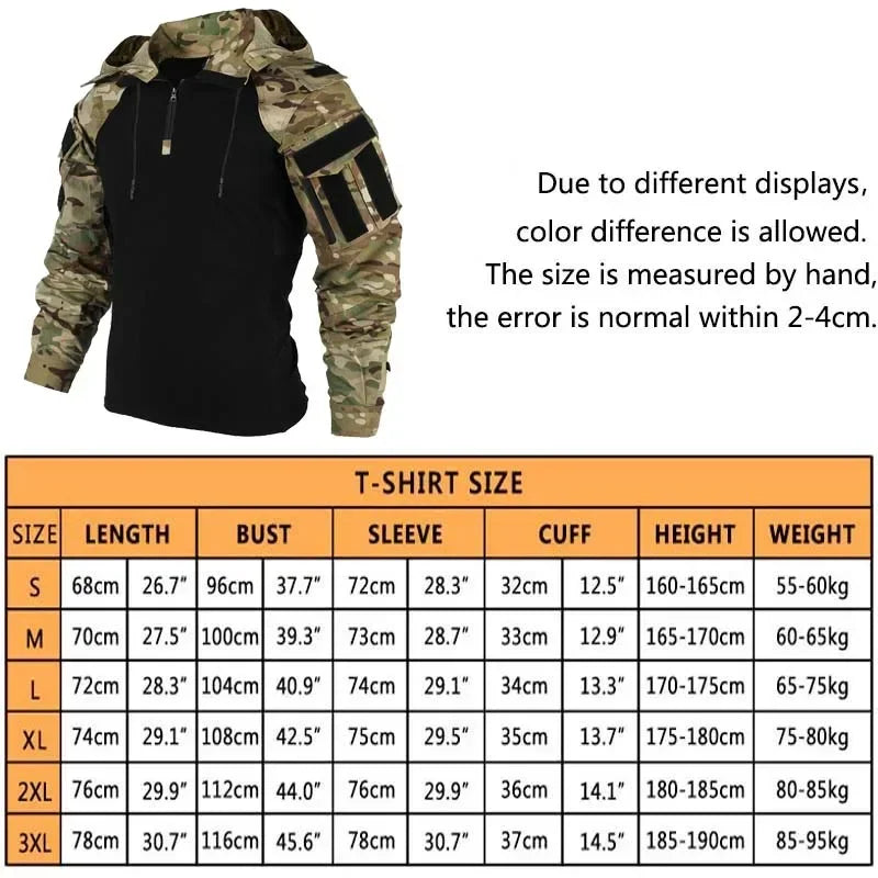Tactical Combat Shirts 1/4 Zipper Long Sleeve Tactical Shirts Men Clothing Rip Stop Cotton Camo T Shirt Tops Wear-resisting