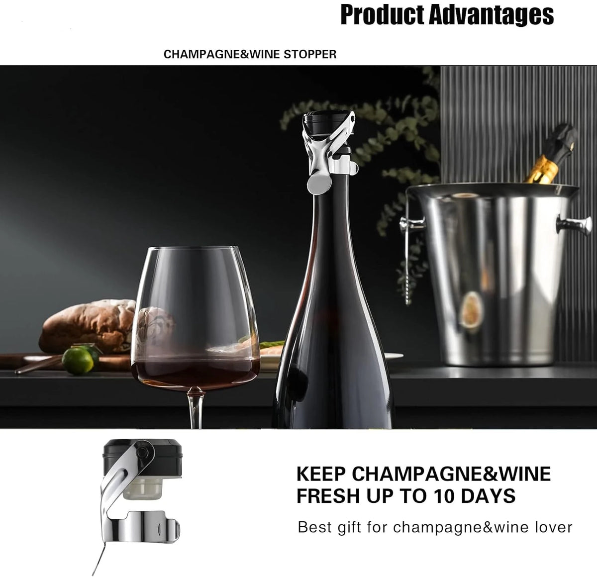 Champagne&Wine Bottle Stoppers Stainless Steel with Food Grade Silicone Leak Proof Keep Fresh Reusable Saver Prosecco Sparkling