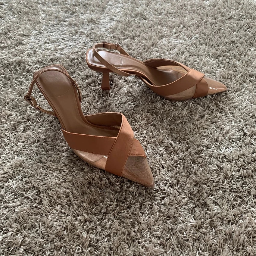 2025 Woman Brown High Heels Women Sandals Summer Fashion Pointed Toe Low-heel Pumps Slingbacks Elegant Female Heeled Shoes