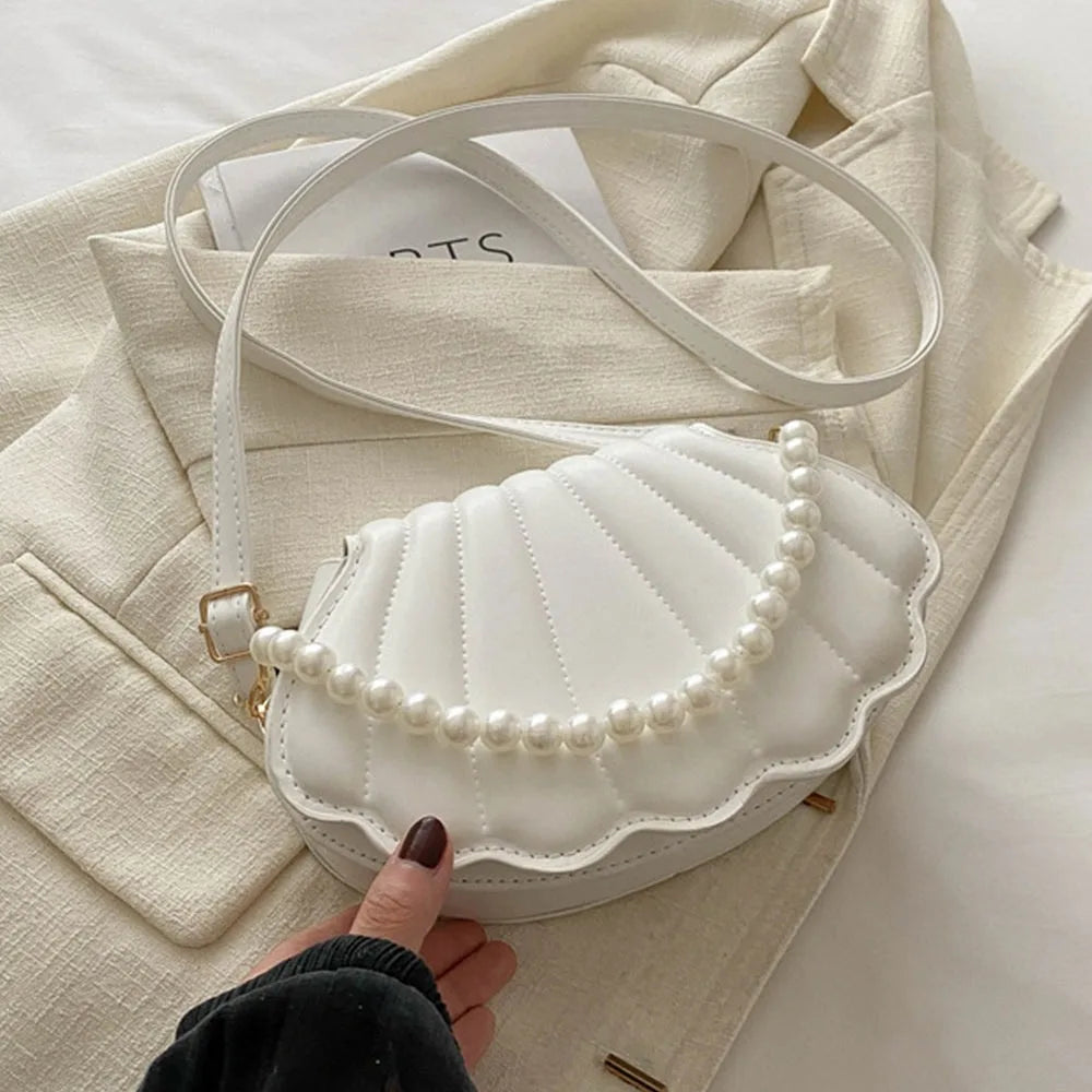 Durable Cute Shell Shoulder Bag Minimalist with Pearls Design Crossbody Bag PU Leather Pearl Decorated Handbag for Women Girls