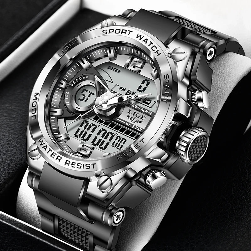 LIGE Men Sport Watch 50M Waterproof Dual Display Analog Digital Watch LED Backlight Chronograph Quartz Wristwatch Gift Box Set