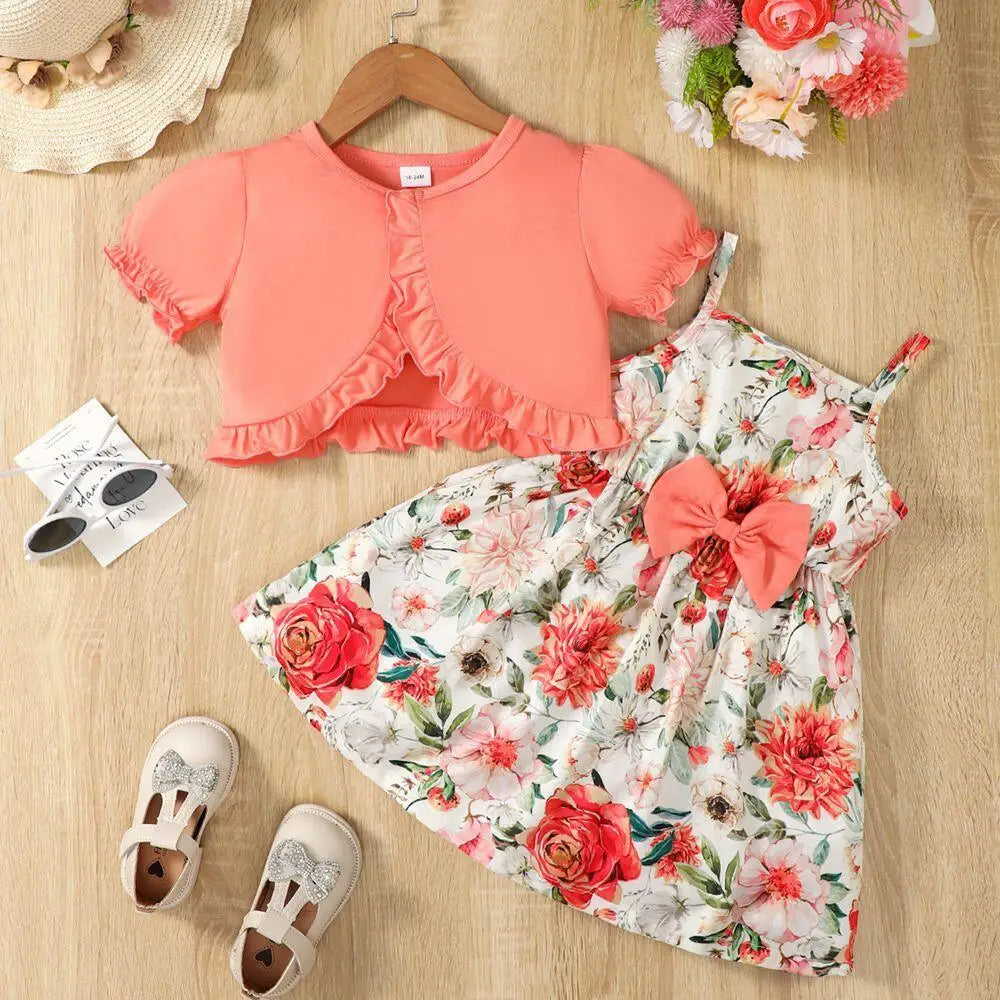 2PCS Children Girls Clothes Set Sling Floral Dress Solid Short Sleeves Overcoat Costume Summer Dress for Kids Girl 1-6 Years