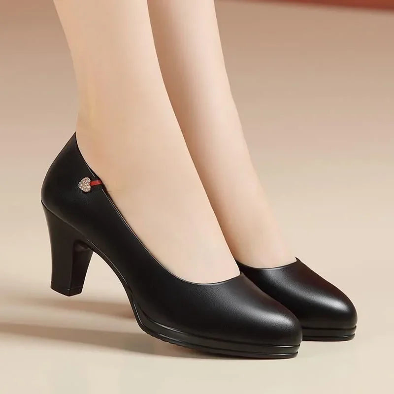 Women Classic Black Pu Leather High Quality Heel Shoes Sapatos Femininas Lady Fashion Beige Comfort European Stylish Pumps A24