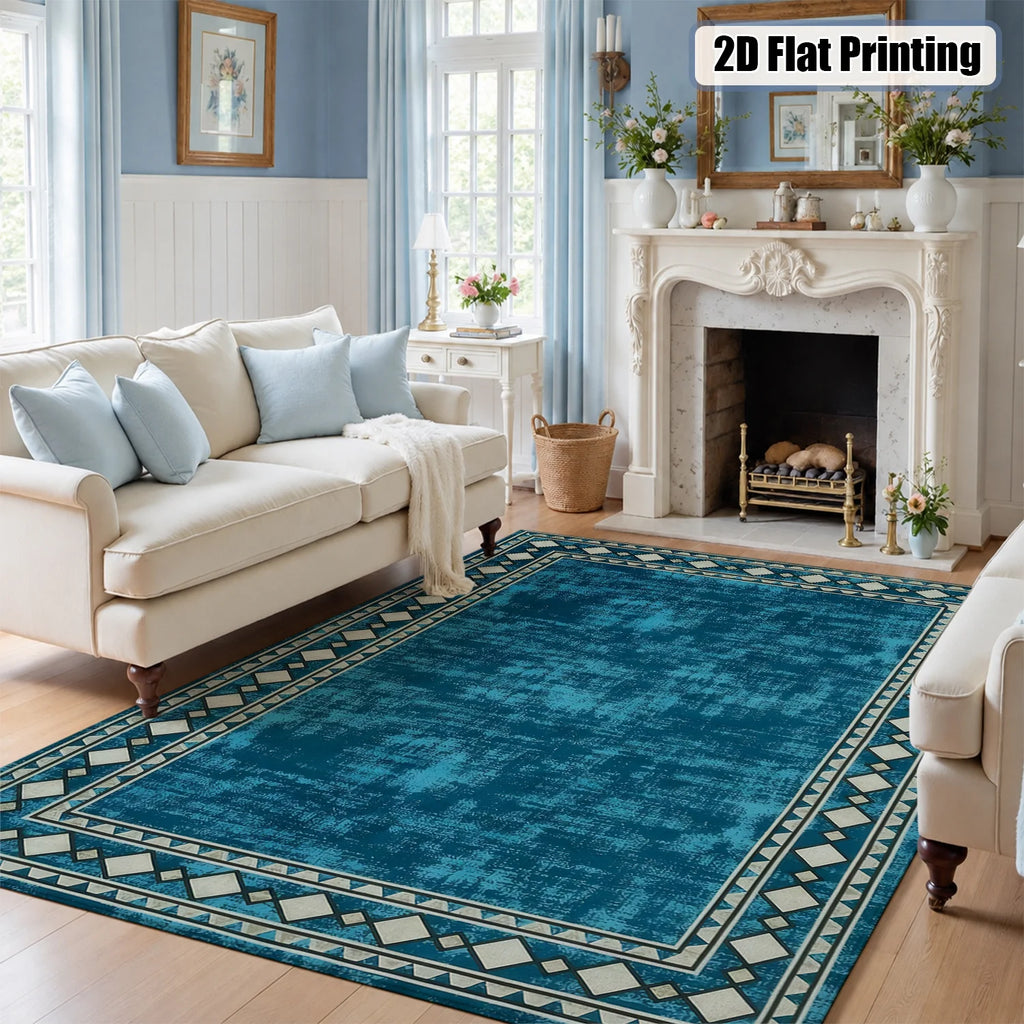 Large Indoor Area Rug, Soft Velvet Low Pile with Non-Slip Dotted Backing, Machine Washable Teal Tribal Geometric Border Rug for Living Room and Bedroom
