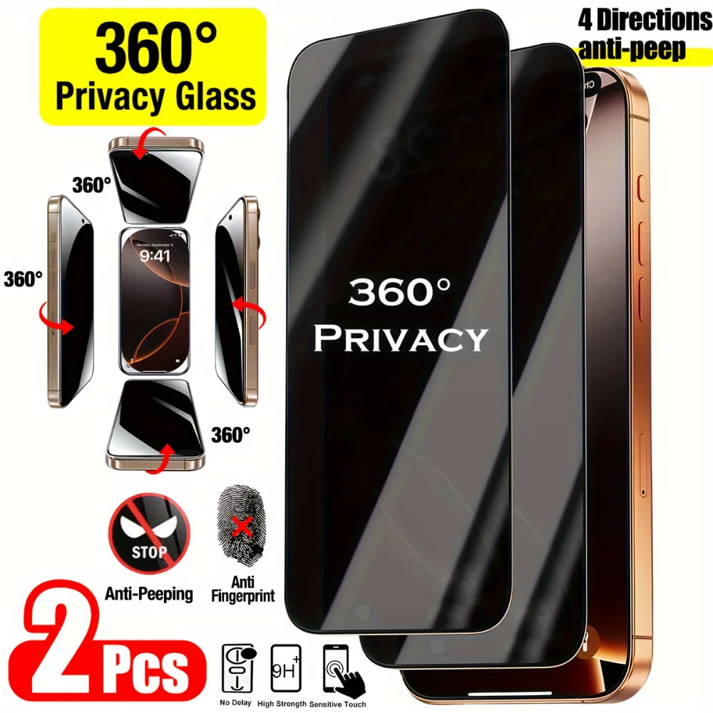 NNBILI 2pcs 4-Way 360-Degree Privacy Screen Protectors Features Tempered Glass With For iPhone 17 16 15 14 13 12 11 Pro Max XS