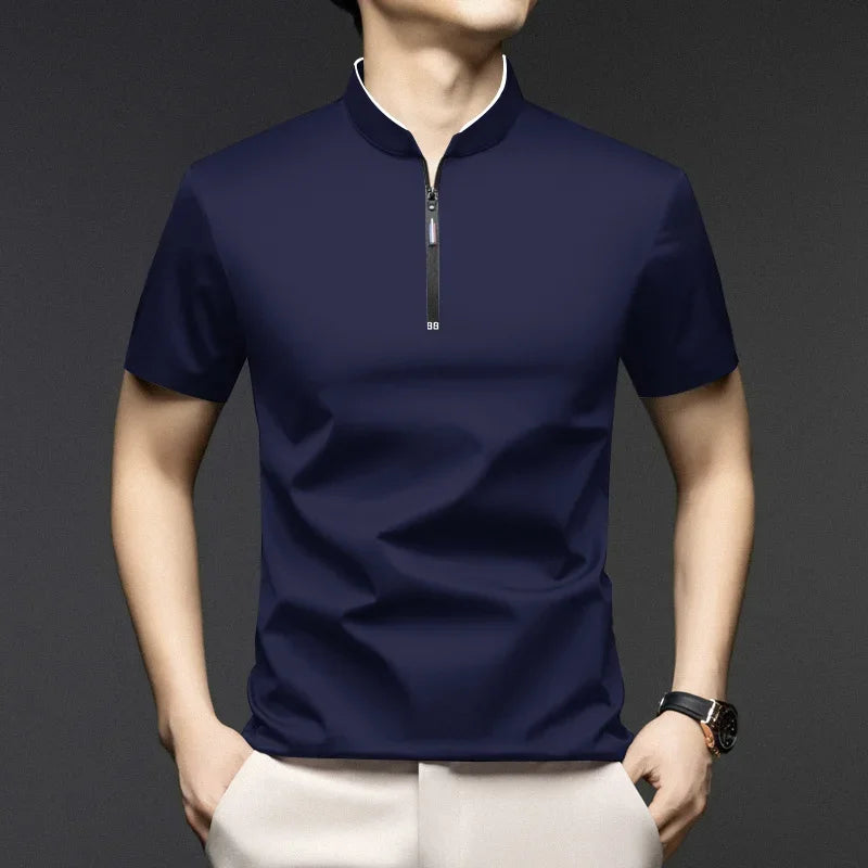 2025 New Men's Casual Fashion Zipper Solid Color Short Sleeved Polo Shirt Stand Up Collar Versatile Comfortable Top