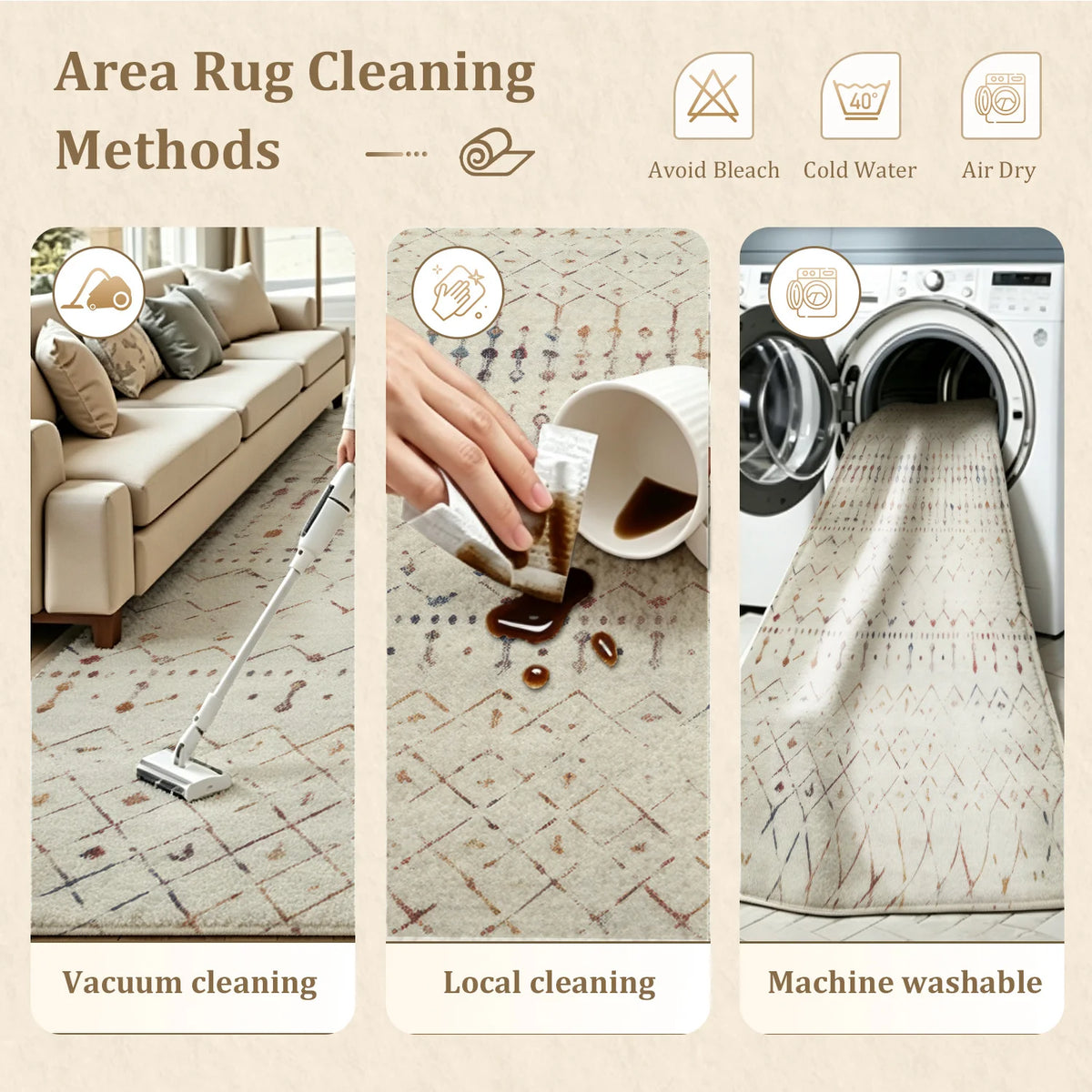 Large Indoor Area Rug, Soft Velvet Low Pile with Non-Slip Dotted Backing, Machine Washable Cream Tribal Geometric Accent Rug for Living Room, Bedroom, Entryway and Dining Spaces