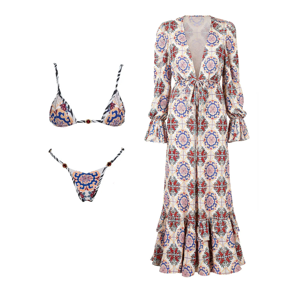 Push Up 2026 New Retro Prints 3 Pieces Bikinis Sets With Mesh Pants Beachwear Sexy Women's Swimsuit Cover-ups Strappy Beach Wear