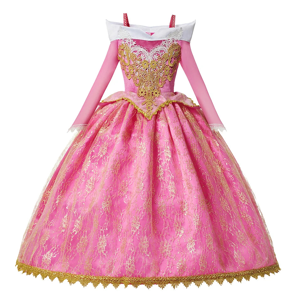 Sleeping Beauty Aurora Pink Gown Long Sleeve Princess Costume for Girls Carnival Birthday Party Cosplay Evening Dress 2-8Y