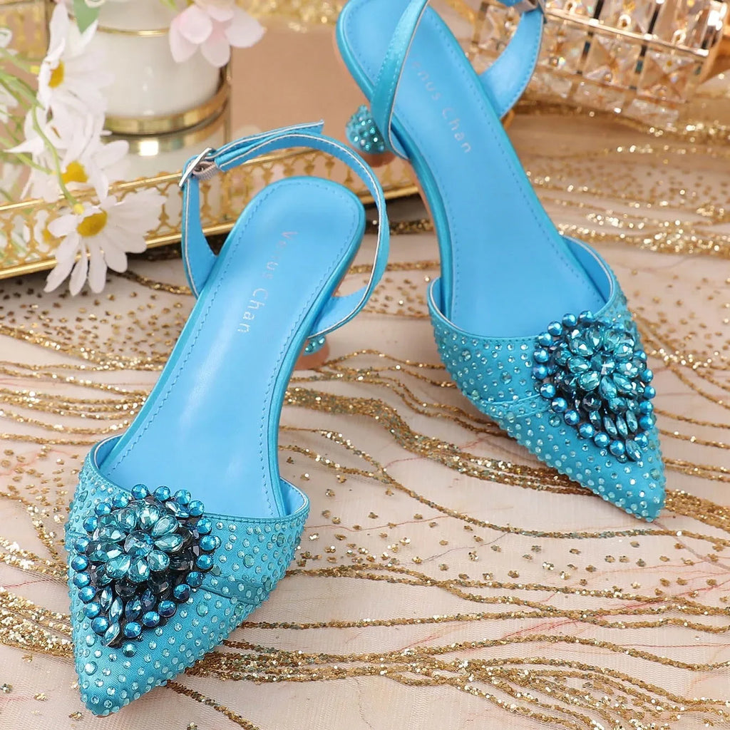 Sky Blue Wedding High Heels for Women Italy Design Rhinestone  Decorate Pointed-Toe Gorgeous Parties 2025 INS Lady Plus Size