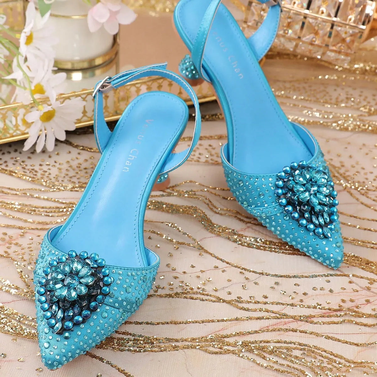 Sky Blue Wedding High Heels for Women Italy Design Rhinestone  Decorate Pointed-Toe Gorgeous Parties 2025 INS Lady Plus Size