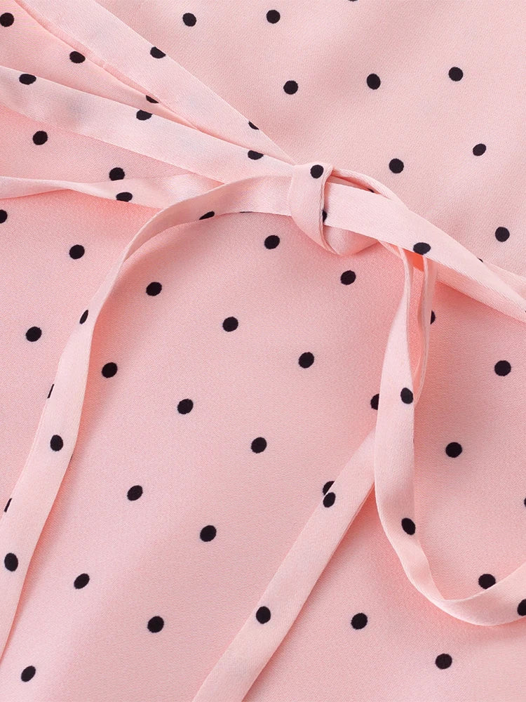 Chu Sau beauty Women New Fashion Sweet Polka Dot Print Chic Lace Patchwork V-neck Long Dress Vintage Short Sleeve Party Dresses